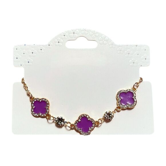 Elegant Purple Clover Rhinestone Gold Tone Bracelet - Picture 4 of 4